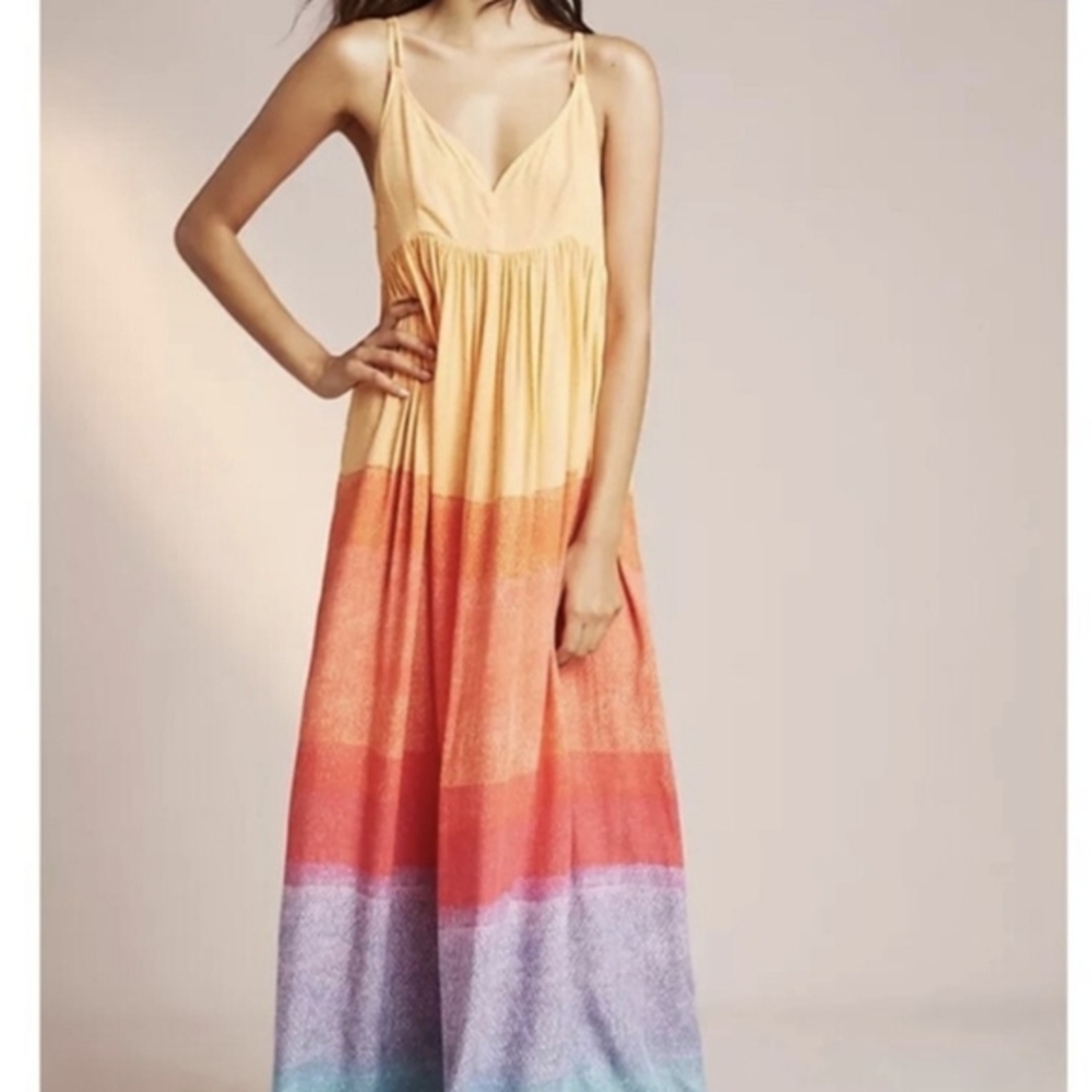 Anthropologie Yellow and Orange Maxi Dress A Carla Weeks Design Artwork